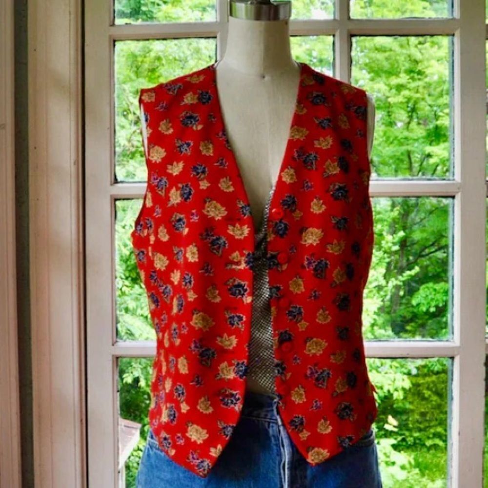 90s Vintage Floral Red Vest Silky Liz Claiborne 8 Petite